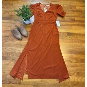 Du Paradis Womens Small Copper Rust Corduroy Puff Sleeve Faux Wrap  Midi Dress